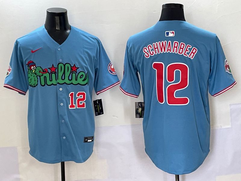 Men Philadelphia Phillies #12 Schwarber Light Blue three generations Joint Name Nike 2025 MLB Jersey style 5